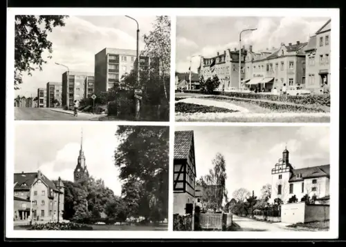 AK Coswig-Brockwitz, Wohnsiedlungen, Kirche, Geschäftsstrasse mit Anlage