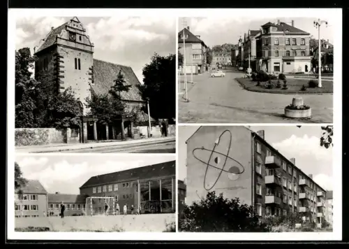 AK Coswig, Kirche, Schulgebäude, Wohnhaus mit Atommodell