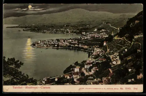 AK Territet, Panorama mit Montreux & Clarens bei Mondschein
