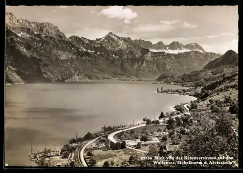 AK Filzbach /Glarus, Blick auf den Wallensee, Sichelkamm und Alvierkette