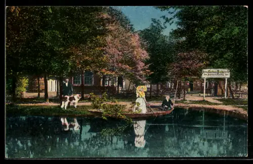 AK Burg, Gasthaus Eiche mit Leuten, Mädchen in Spreewälder Tracht
