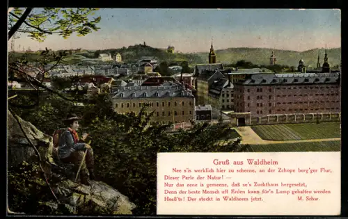 AK Waldheim, Teilansicht des Ortes mit Kirche und Wanderer