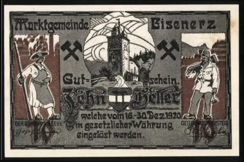 Notgeld Eisenerz 1920, 10 Heller, Bergmann und Turm mit Wappen