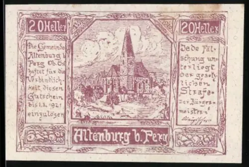 Notgeld Altenburg b. Perg 1921, 20 Heller, Kirche mit Landschaftsmotiv