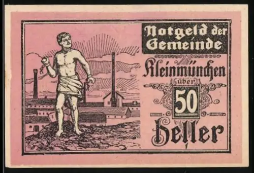 Notgeld Kleinmünchen 1920, 50 Heller, stehende Figur mit Fabrikhintergrund