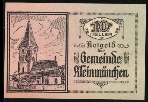 Notgeld Kleinmünchen 1920, 10 Heller, Kirche mit Turm und Wolken