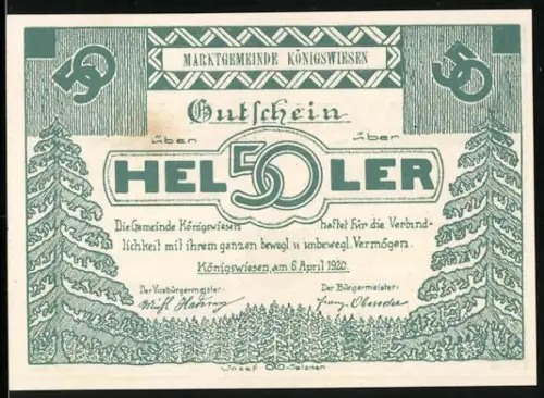 Notgeld Königswiesen 1920, 50 Heller, Landschaft mit Bäumen und Wappen mit Turm und Widder