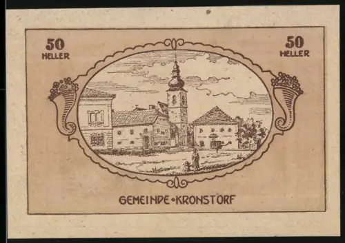Notgeld Kronstorf 1920, 50 Heller, Ortsansicht mit Kirchturm und historischen Gebäuden