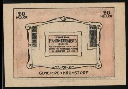 Notgeld Kronstorf 1920, 20 Heller, Anton Bruckner Gedenktafel