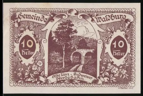 Notgeld Waldburg 1920, 10 Heller, Alte Linz-Budweiser Pferdebahn mit floralem Dekor