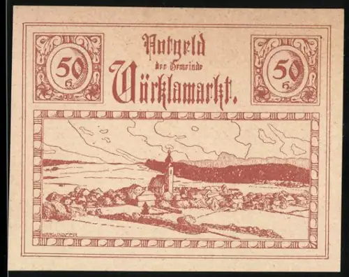 Notgeld Vöcklamarkt /Oberösterreich 1920, 50 Heller, Landschaft mit Ortsansicht und Kirchturm im Vordergrund