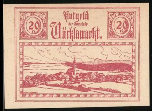 Notgeld Vöcklamarkt /Oberösterreich 1920, 20 Kronen, Landschaft mit Kirche und Hügeln
