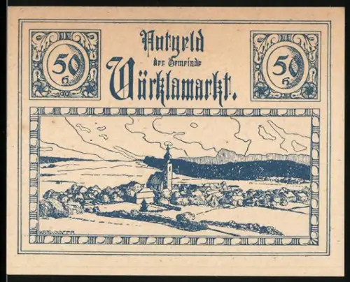 Notgeld Vöcklamarkt /Oberösterreich 1920, 50 Heller, Landschaftsansicht mit Kirche und Ort