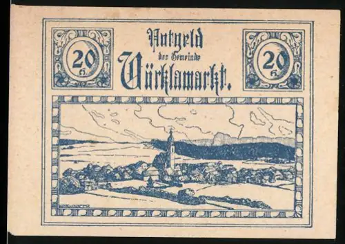 Notgeld Vöcklamarkt /Oberösterreich 1920, 20 Kronen, Dorflandschaft mit Kirche und Bergblick