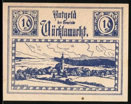 Notgeld Vöcklamarkt /Oberösterreich 1920, 10, Landschaftspanorama mit Kirche und Ortsansicht