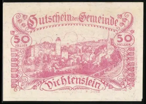 Notgeld Vichtenstein 1920, 50 Heller, Burgruine und Landschaftsansicht
