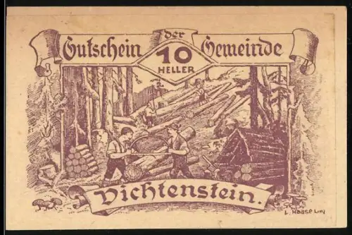 Notgeld Vichtenstein 1920, 10 Heller, Waldarbeiter im Forst
