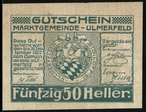 Notgeld Ulmerfeld 1920, 50 Heller, Wappen und Gebäudeansicht