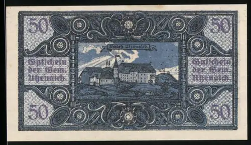 Notgeld Utzenaich /Ried 1920, 50 Heller, Schloss Utzenaich und dekoratives Muster
