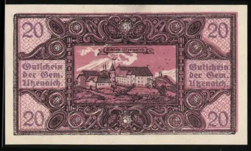 Notgeld Utzenaich /Ried 1920, 20 Heller, Schlossansicht mit ornamentaler Umrahmung