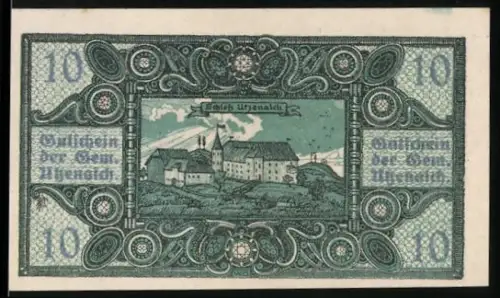 Notgeld Utzenaich /Ried 1920, 10 Heller, Schlossansicht mit dekorativem Rahmenmuster
