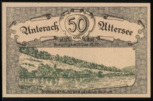 Notgeld Unterach am Attersee 1920, 50 Heller, Landschaft am Seeufer