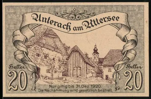 Notgeld Unterach am Attersee 1920, 20 Heller, ländliche Gebäude und Kirche