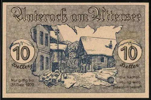 Notgeld Unterach am Attersee 1920, 10 Heller, ländliche Szene mit Gebäuden und Holzstapeln