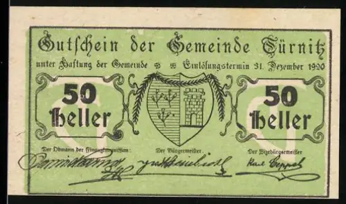 Notgeld Türnitz 1920, 50 Heller, Wappen mit Turm und Baum