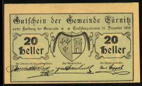 Notgeld Türnitz 1920, 20 Heller, Wappen mit Schloss und Baum