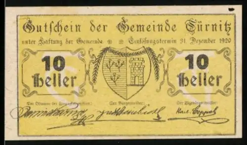 Notgeld Türnitz 1920, 10 Heller, Wappen mit Turm und Ährenbündel