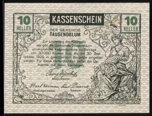 Notgeld Tausendblum 1920, 10 Heller, Frau mit Blumen und Pflügender Bauer mit Pferd