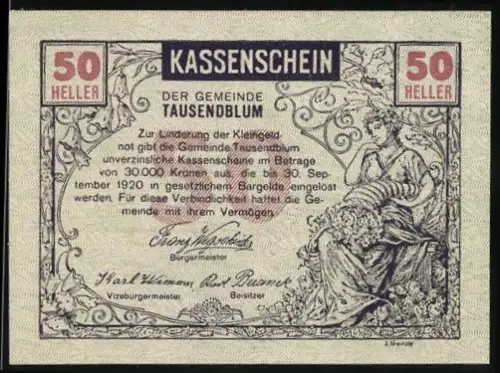 Notgeld Tausendblum 1920, 50 Heller, Frau mit Blumen und Bauer mit Pferdepflug