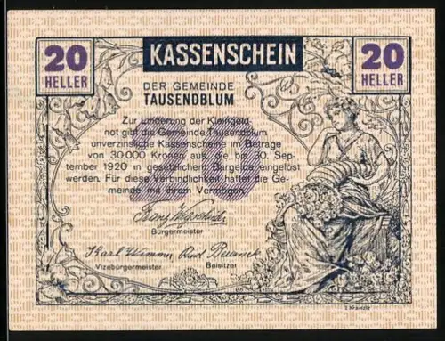 Notgeld Tausendblum 1920, 20 Heller, Frau mit Füllhorn und Pflügender Bauer mit Pferd
