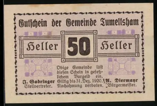 Notgeld Tumeltsham 1920, 50 Heller, geometrisches Muster und Textfelder