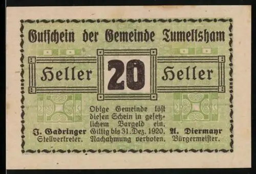 Notgeld Tumeltsham 1920, 20 Heller, ornamental Muster und Text über Ausgabegrund