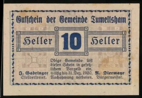 Notgeld Tumeltsham 1920, 10 Heller, Ornamentmuster und Textdesign