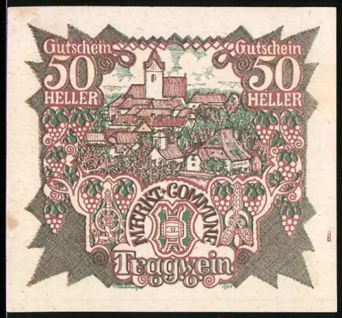 Notgeld Tragwein 1920, 50 Heller, Ortsansicht mit Kirche und Ornamenten