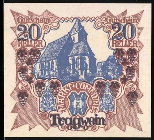 Notgeld Tragwein 1920, 20 Heller, Kirche und Weintrauben-Motiv