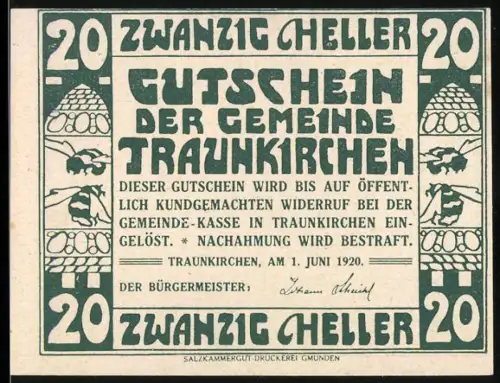 Notgeld Traunkirchen 1920, 20 Heller, Ortsansicht mit Kirche und ornamentale Verzierungen