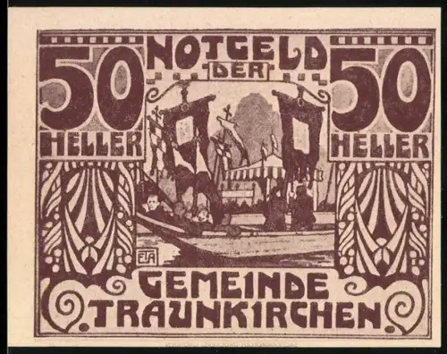 Notgeld Traunkirchen 1920, 50 Heller, Segelschiffe und dekorative Muster