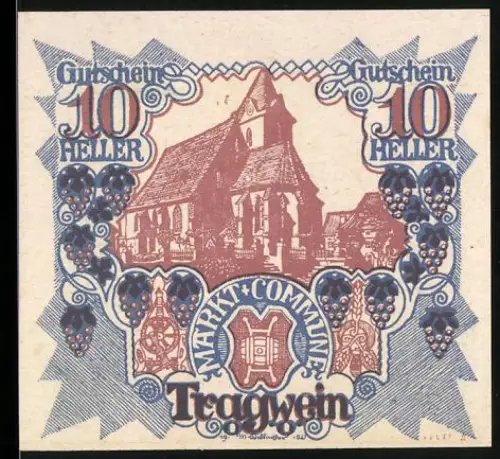 Notgeld Tragwein 1920, 10 Heller, Kirche und Traubenmuster