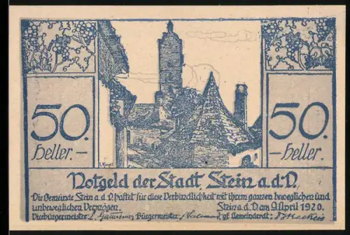 Notgeld Stein a. d. D. 1920, 50 Heller, Ortsansicht mit Turm und Dächern