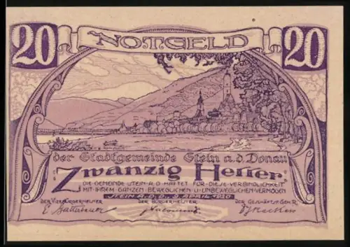 Notgeld Stein a.d. Donau 1920, 20 Heller, Ortsansicht mit Fluss und Kirche im Hintergrund