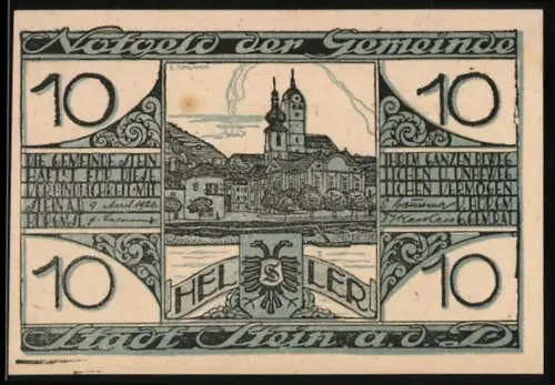 Notgeld Stein a. D. 1920, 10 Heller, Ortsansicht mit Kirche und Wappen