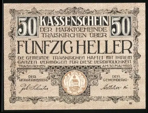 Notgeld Traiskirchen 1920, 50 Heller, mit Wappen der Gemeinde