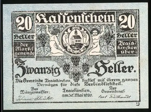Notgeld Traiskirchen 1920, 20 Heller, Wappen und allegorische Figuren mit Kirche in der Mitte