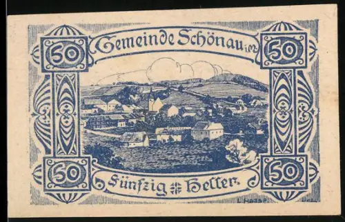 Notgeld Schönau i. M. 1920, 50 Heller, Dorflandschaft und Textbanner