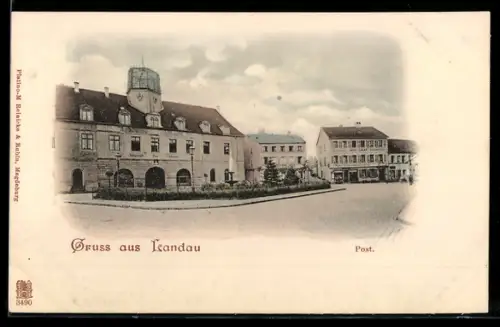 AK Landau, Postamt mit Springbrunnen-Anlage, Panorama
