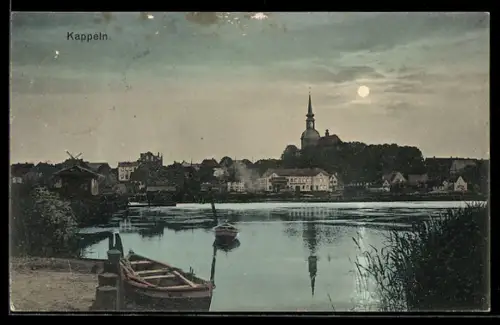 AK Kappeln, Ortsansicht mit Kirche und Hafen bei Mondschein